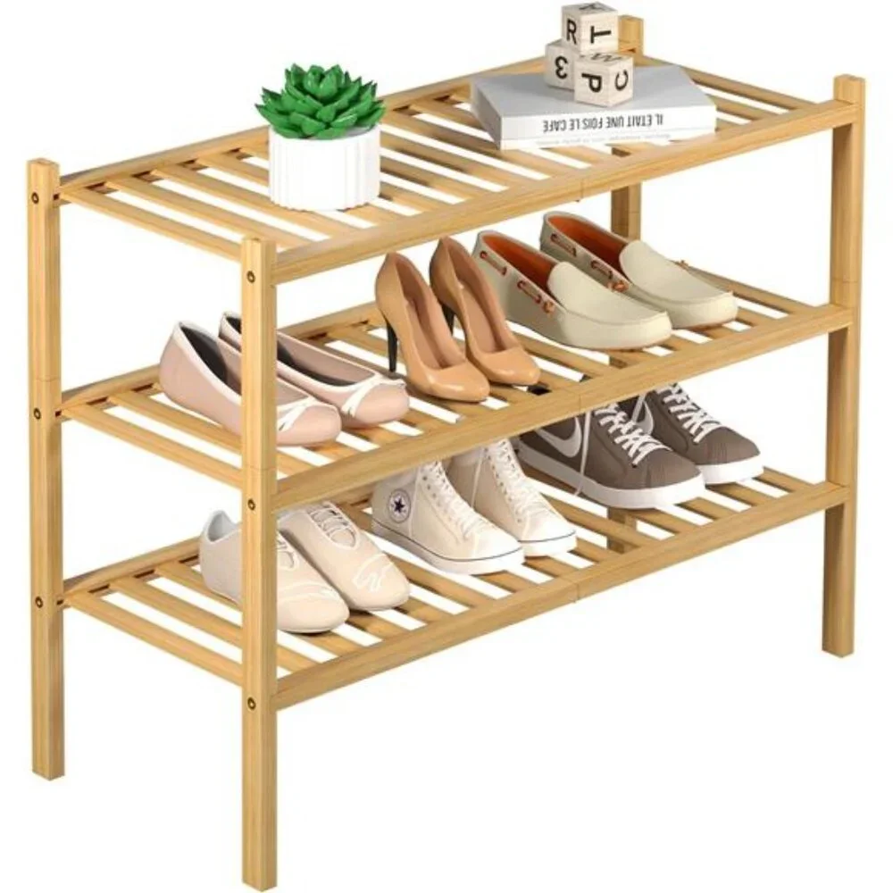 3 Tier Bamboo Shoe Rack for Closet Free Standing Wood Shoe Shelf Storage